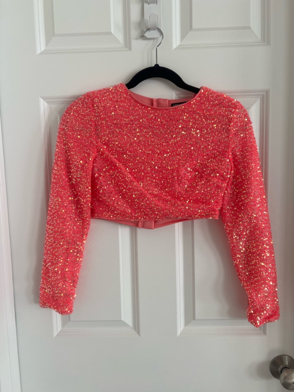 SHEIN Pink Sequin Long-Sleeve Cropped Top
